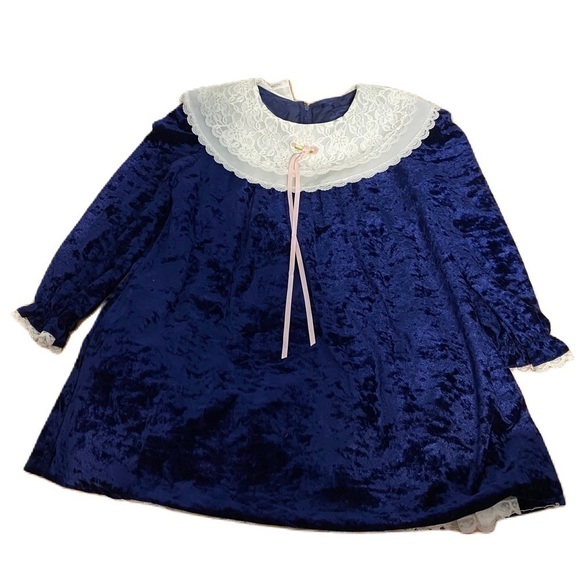 Vintage Velvet Collared Smocked Dress Sz 5 Made in USA Blue Cottage Core Long - Picture 1 of 8